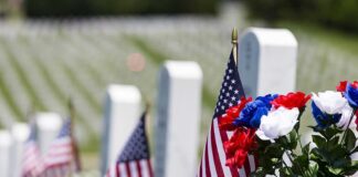 American flags and flowers placed at graves in a cemetery
