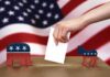 Close Races, One Nudge – Control Gone Hand casting ballot between Republican elephant and Democratic donkey