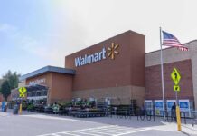 Walmart storefront with American flag and outdoor garden center