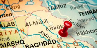 Map of Iraq with red pushpin near Baghdad