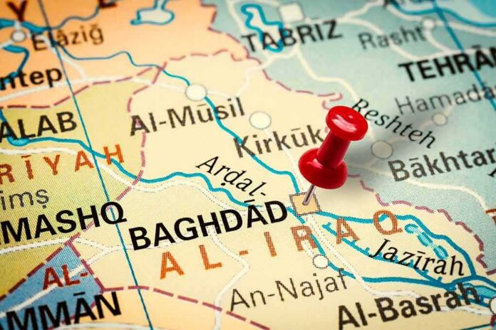 Map of Iraq with red pushpin near Baghdad