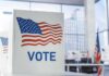 Red Stronghold Wobbles – Texas in Play Voting booth with American flag design in a modern polling place